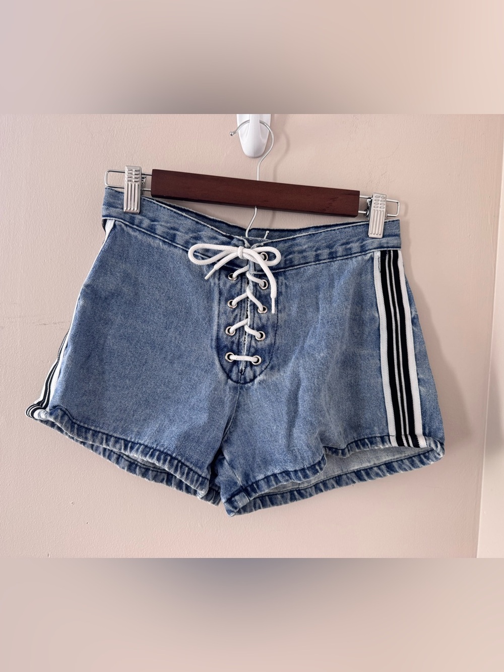 Vintage 579 Lace Up Denim Shorts Size 5 Side Stripe Blue Jean Y2K Festival